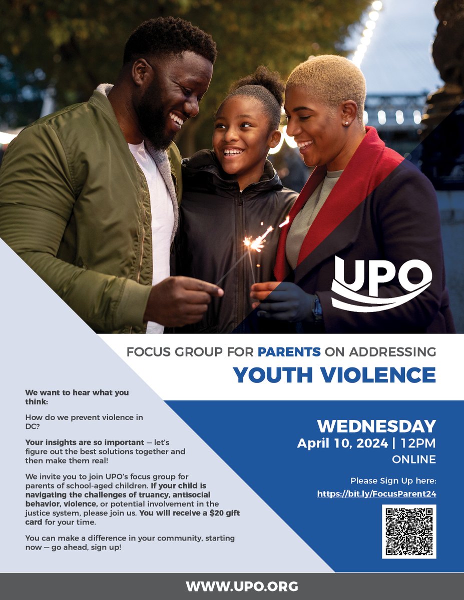 “Calling on parents of school-aged children” We want to hear what you think: How do we prevent violence in DC? Your insights are SO important. Please join our focus group WEDS. at NOON: bit.ly/FocusParent24 + get a $20 gift card #IamUPO #UPOinDC @WeActRadio @WashInformer