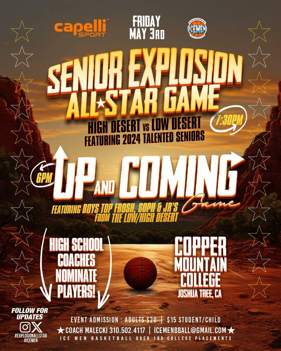 Can't wait for the Explosive 🏀action. I have 8 spots left in Senior All Star game and 7 in Up & Coming Game. Hit me back. @PSBasketball1 @COD_Athletics @MSJCBASKETBALL @academy_desert @29coachUsh @rmrattlershoop @XCPAthletics @Banning_Broncos