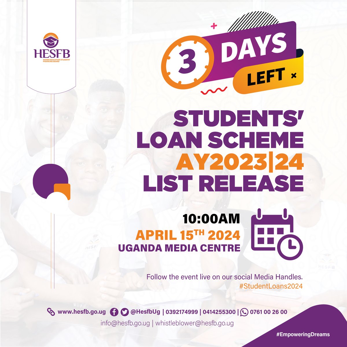 🚨3 Days left to the Official Release of the #StudentLoans2024 Beneficiaries List at the @UgandaMediaCent and Live on Our YouTube Channel: youtube.com/@HESFBUG?sub_c…