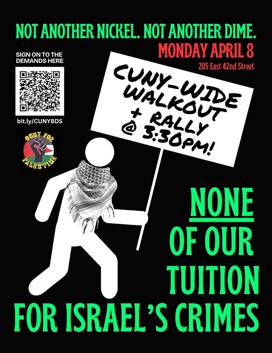 On Monday, April 8, students and workers from across CUNY campuses walked out of class and rallied in front of the CUNY Board of Trustees meeting to demand #BDS Now!  A 🧵