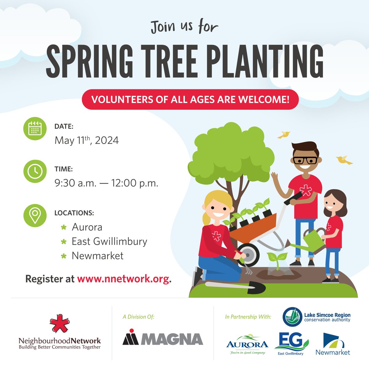 In partnership with @LSRCA, Neighbourhood Network is proud to announce that our annual Spring Tree Planting Day is scheduled for Saturday, May 11th, 2024, from 9:30 a.m. - 12 p.m.! Sign up to volunteer today at neighbourhoodnetwork.org/program/spring…. 🌱 #YorkRegion #Volunteer
