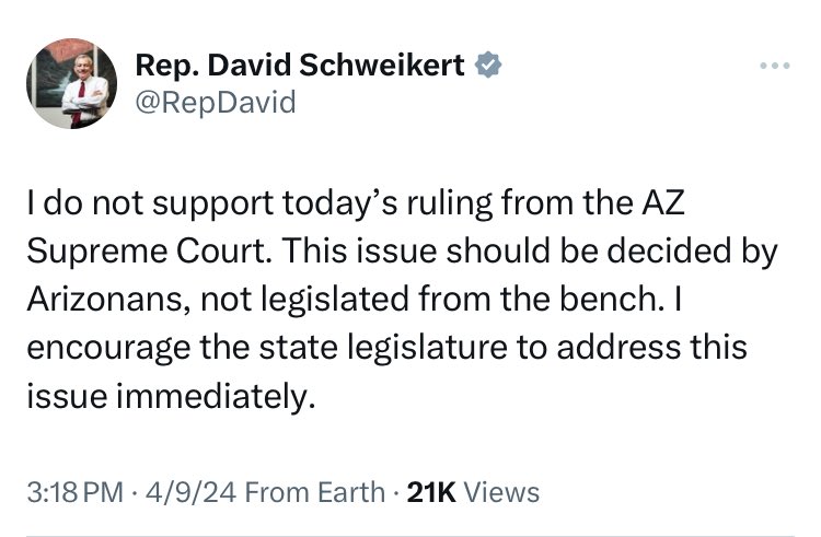 This is a strange victory lap… Make no mistake: David Schweikert's lifelong work to ban abortion with no exceptions for rape or incest has now succeeded in Arizona. I will fight like hell to protect abortion access and defeat him in November.