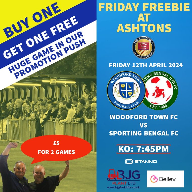 Football for a fiver and a freebie.. Join us on Fri 12th April at 7:45pm for our huge promotion clash with Sporting Bengal and as an added bonus you will get a ticket for our game against Great Wakering Rovers on Wed 17th Apr for FREE! woodfordtownfc.com/news/woodford-…