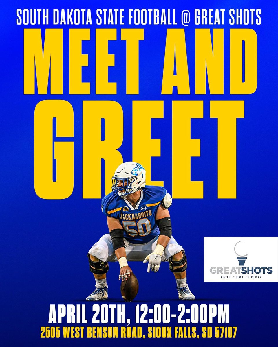 Fun event at Greatshots coming up!! Mark your calendars for April 20th to meet players from the SDSU football team! 🐰🏈