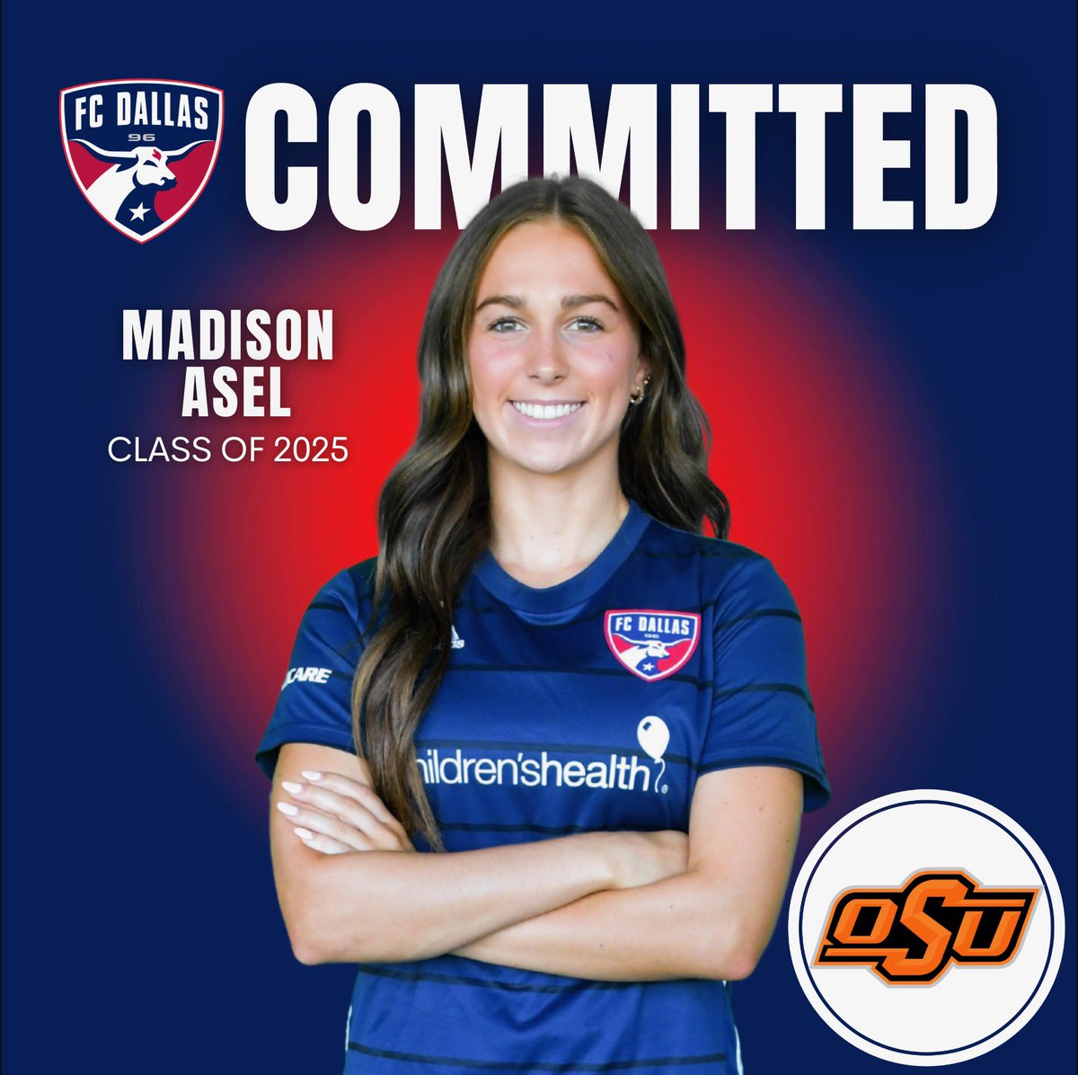 🚨Committed🚨 Congratulations to our FC Dallas 06/05 ECNL-RL1 forward Madi Asel on your commitment to Oklahoma State University #GoPokes @MadisonAsel 🤝 @CowgirlFC #DTID | @ECNLgirls | @fcdallas | #HeartAndHustle