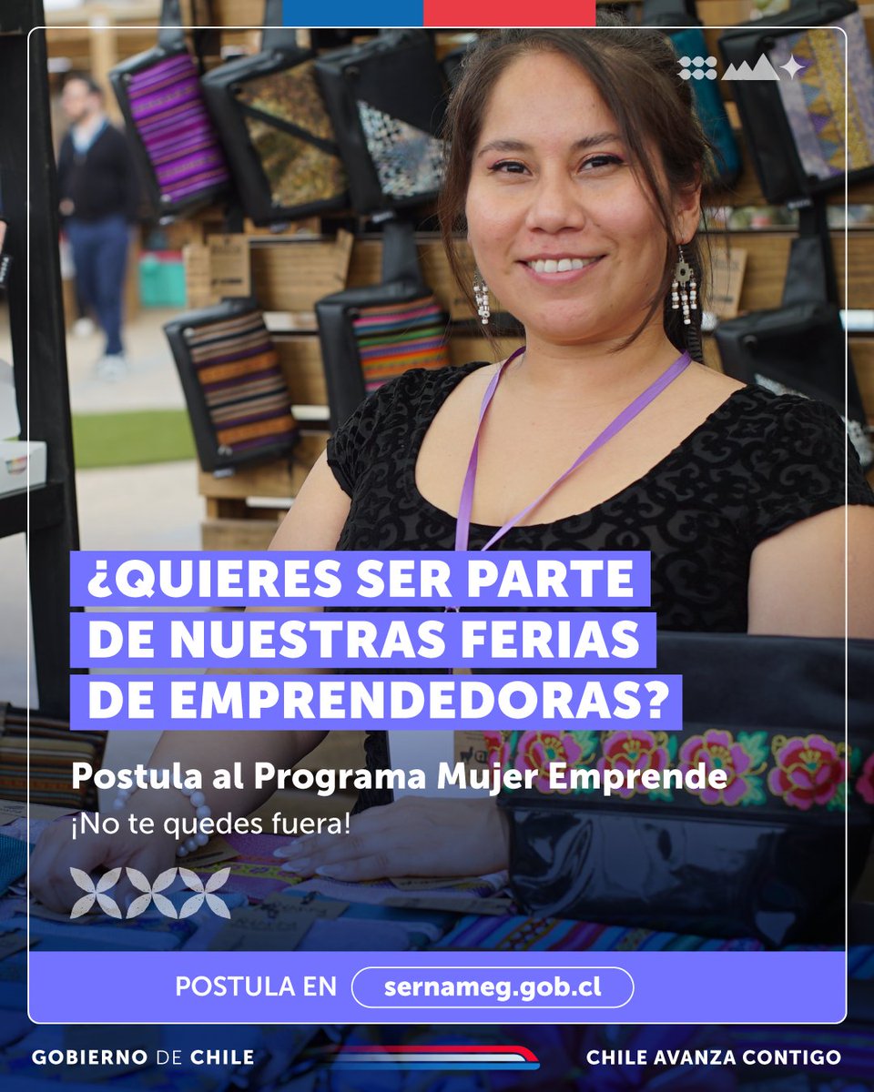 💜Recuerda que sigue abierta la convocatoria 2024 de nuestro Programa Mujer Emprende. 📲Postula en sernameg.gob.cl 🚨IMPORTANTE: En las regiones de Tarapacá, Antofagasta, Coquimbo, Valparaíso, O’Higgins, Metropolitana, Biobío y La Araucanía la convocatoria está CERRADA