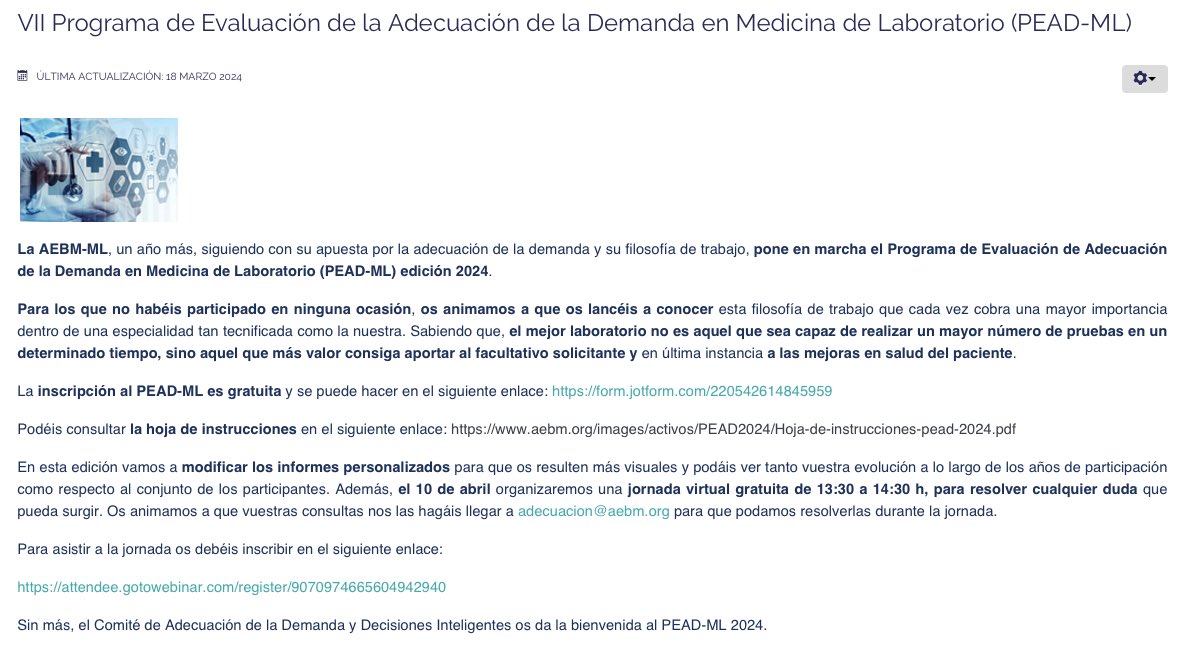 La AEBM-ML un año más pone en marcha el Programa de Evaluación de Adecuación de la Demanda en Medicina de Laboratorio (PEAD-ML). Mañana tenemos una jornada informativa online a las 13:30 te puedes inscribir en attendee.gotowebinar.com/register/90709…