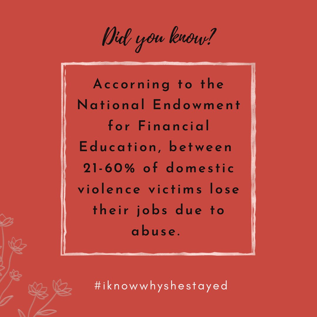 If around half of domestic violence victims lose their jobs due to the effects, is it any wonder it’s so difficult for victims to leave their abusers? This is just another reason for the victim to need to rely on the abuser to simply survive.

#domesticviolence #financialabuse