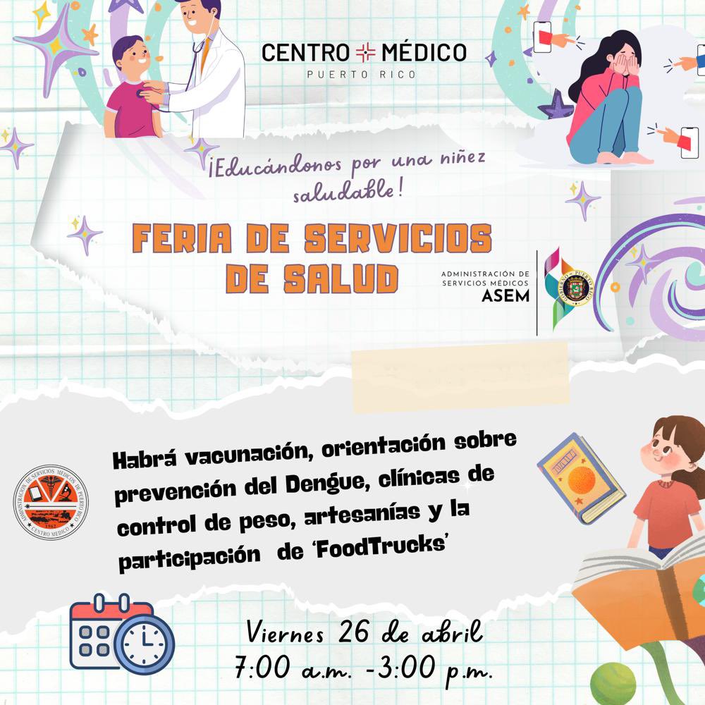¡Únete a nosotros y disfruta de la próxima feria de servicios en el Centro Médico! Esta vez, nos enfocaremos en la salud infantil y la prevención del maltrato infantil. ¡Te esperamos el viernes 26 de abril de 7 a 3! ¡No te la pierdas, inclúyela en tu agenda!