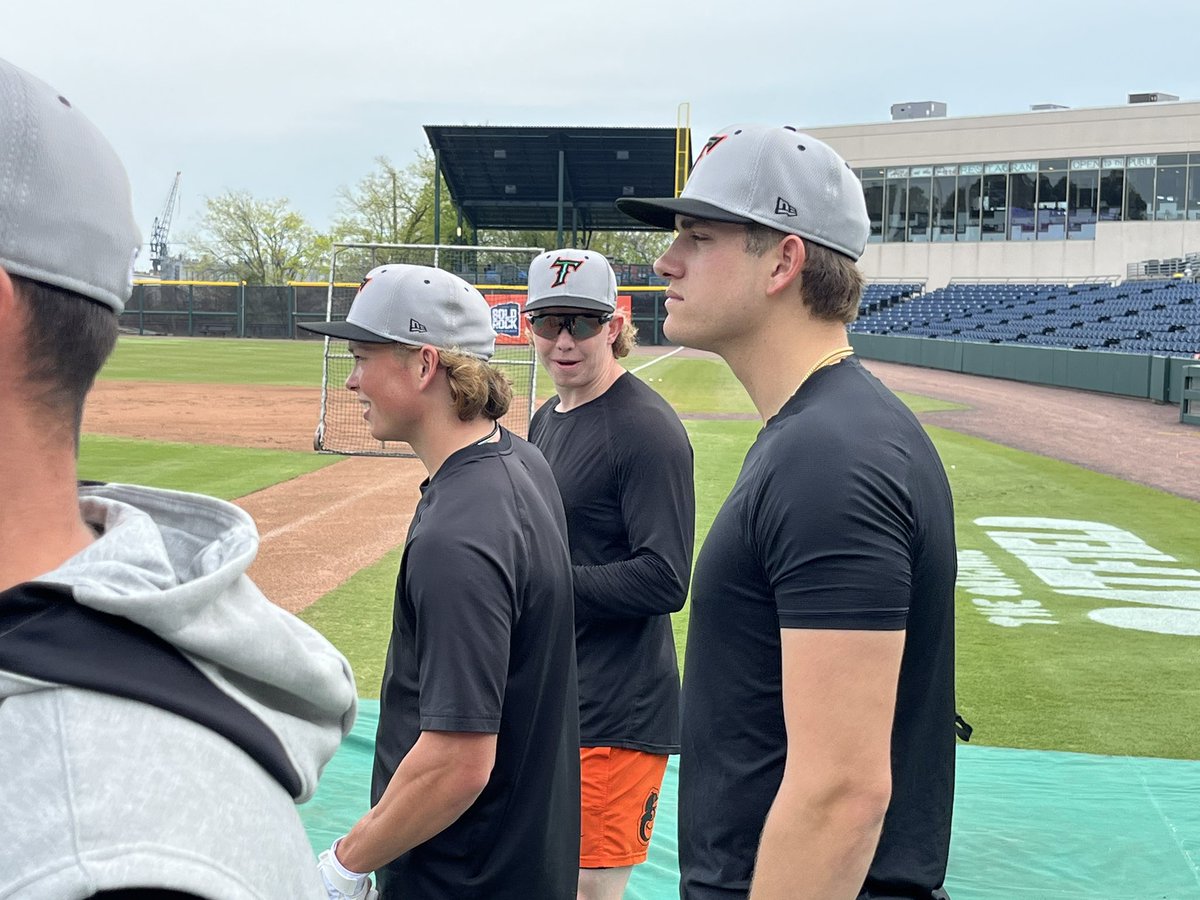 Back in town! Coming off a huge offensive week, the @NorfolkTides open a six-game set with @swbrailriders tonight at Harbor Park. Jackson Holliday (left) Heston Kjerstad (center) and Coby Mayo have been huge parts of the early surge. @WTKR3