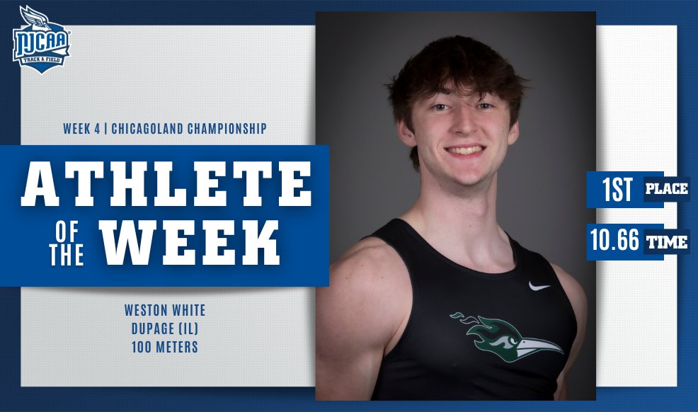 🥇 place finish Weston White is the #NJCAAXC DIII Men's Outdoor Athelte of the Week! White won the Chicagoland Championship 100m and 200m with impressive times in both events. #NJCAAPOTW