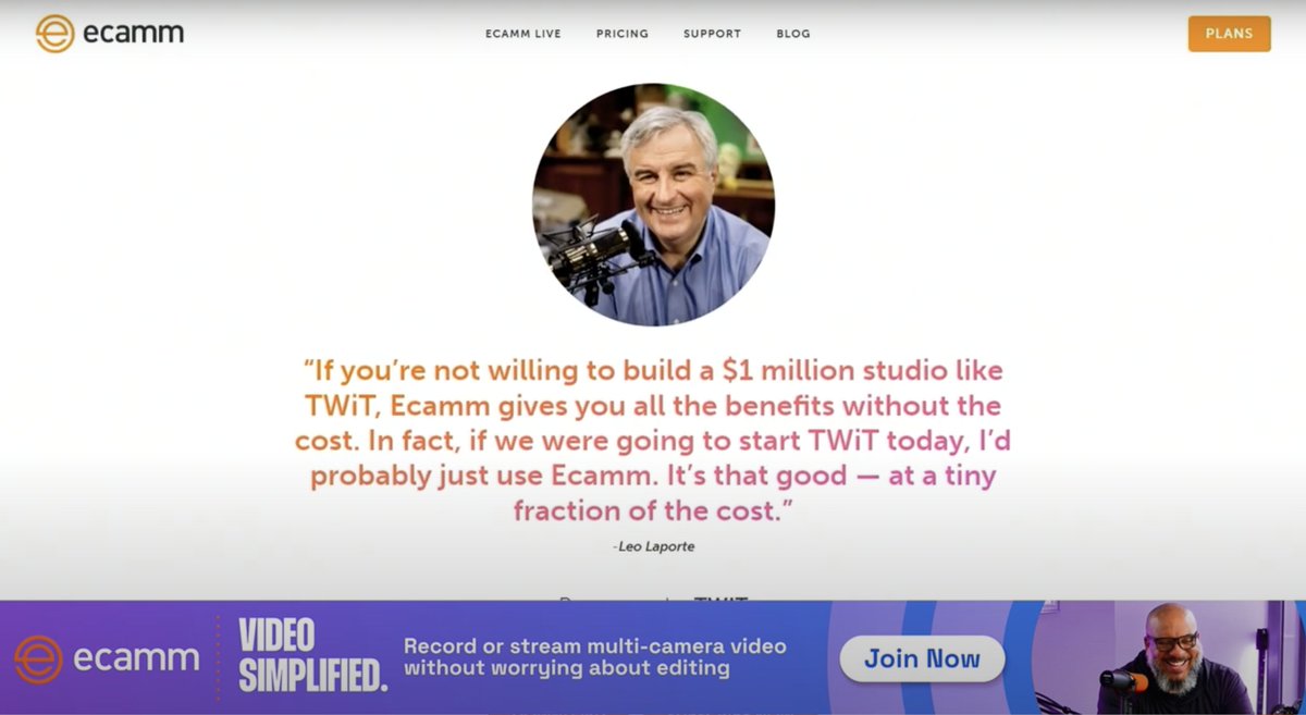 “Ecamm gives you all the benefits without the cost. In fact, if we were going to start TWiT today, I’d probably just use Ecamm. It’s that good — at a tiny fraction of the cost.” - @leolaporte @TWiT youtube.com/watch?v=W8qLC7…