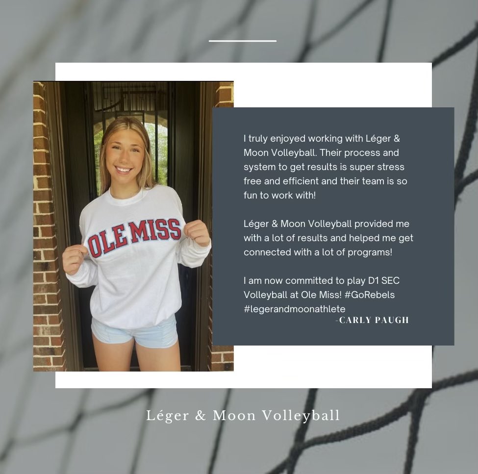 Congratulations to Class of 2025 Léger & Moon Volleyball athlete Carly Paugh on her commitment to play D1 SEC Volleyball at Ole Miss!!! 🙌🏻 We are so proud of you Carly and we really enjoyed working with you! @legerandmoon @coach_alligood @CoachLeger11
