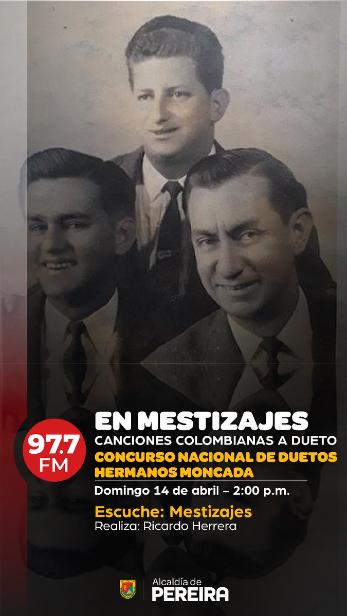 Este semana en MESTIZAJES,  programa dedicado al formato de dueto, con grabaciones en vivo el Concurso Nacional de Duetos HERMANOS MONCADA.   ¡Buena radio!  En Pereira:  Domingo Abril 14 - 2:00pm <a href="/EmisCulturalRAC/">Emisora Cultural RAC</a> 97.7FM.  Sintoniza en línea:  emisoraculturaldepereira.com
#mestizajes