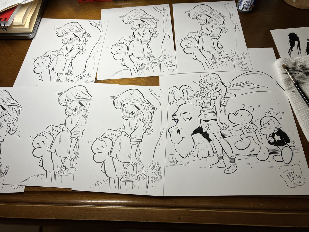 For our THORN Kickstarter campaign we offered two tiers of original art - here are some of the finished pieces! #comics #books #graphicnovels #bonecomics #jeffsmith #cartoonbooks #TUKI #RASL #THORN @jeffsmithsbone @cartoonbooksinc