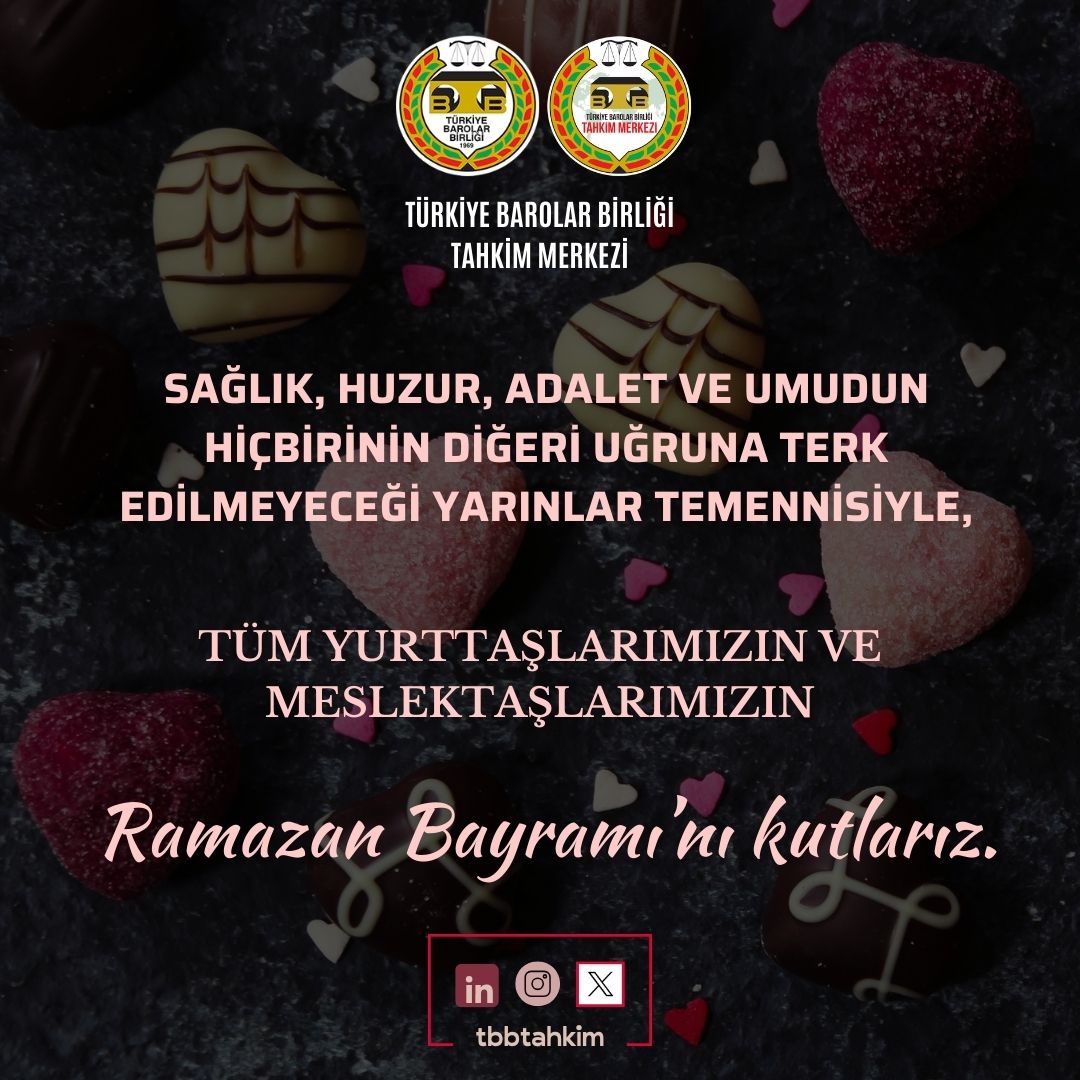 Sağlık,huzur, adalet ve umudun hiçbirinin diğeri uğruna terk edilmeyeceği yarınlar temennisiyle, tüm yurttaşlarımızın ve meslektaşlarımızın Ramazan Bayramı'nı kutlarız.