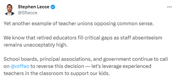 'Common sense' isn't so common, it seems🙄 The issue isn't 'absenteeism', it's a recruitment and retention crisis. Ignoring that fact in your messaging is a desperate attempt to distract from YOUR continued failure of #OntEd. No more temp measures — it's time for real solutions.