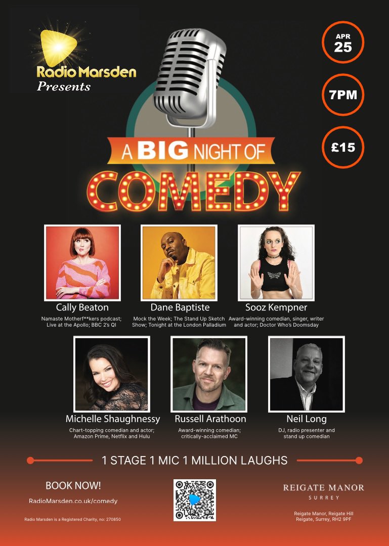 🚨 NOT MANY SEATS LEFT 🚨 Have you got your ticket yet for a BIG Night of Comedy in aid of @RadioMarsden The brilliant @callybeaton @DaneBaptweets @Michellesfunny @russellarathoon & @SoozUK taking to the stage in #reigate 🎟️ radiomarsden.co.uk/comedy 🎭 @ReigateManor 📅 25/4