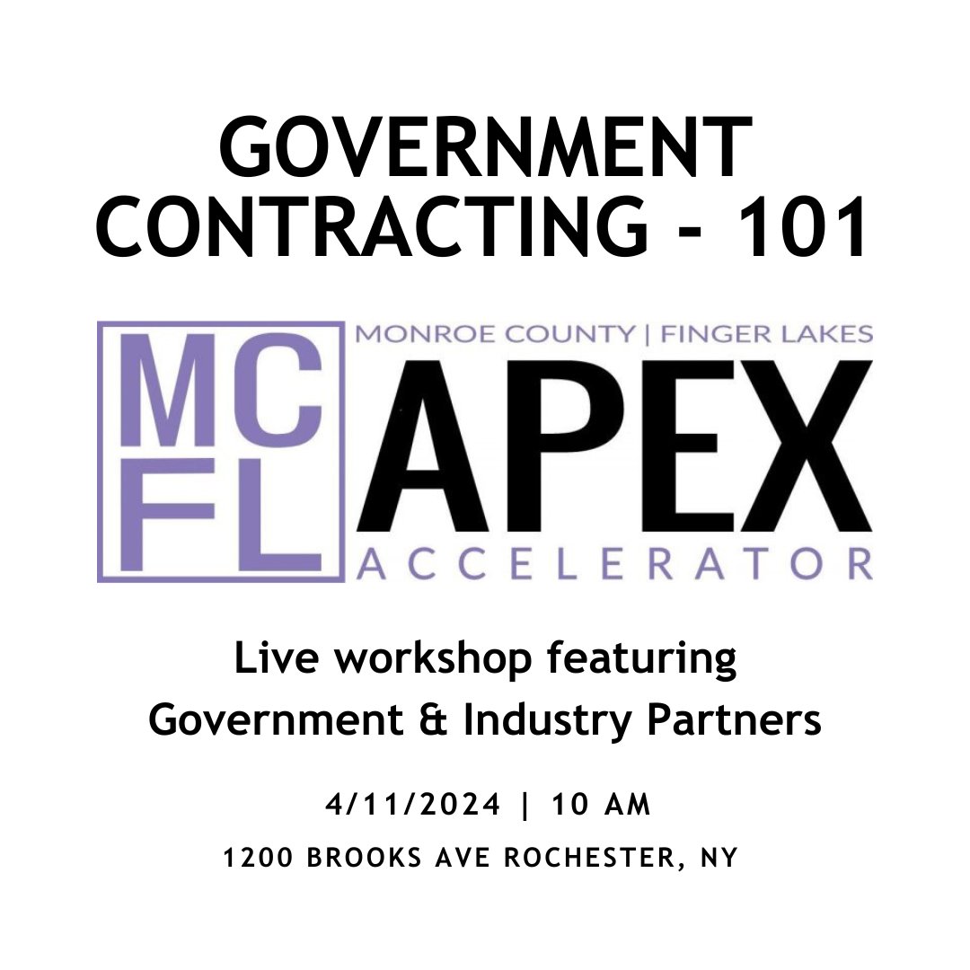 📢 This Thursday, 4/11: Be there for Government Contracting 101, hosted by Monroe County FLX APEX Accelerator in collaboration with @SBA_Buffalo. Enhance your understanding of federal contracting for small businesses. monroeapex.ecenterdirect.com/events/1056