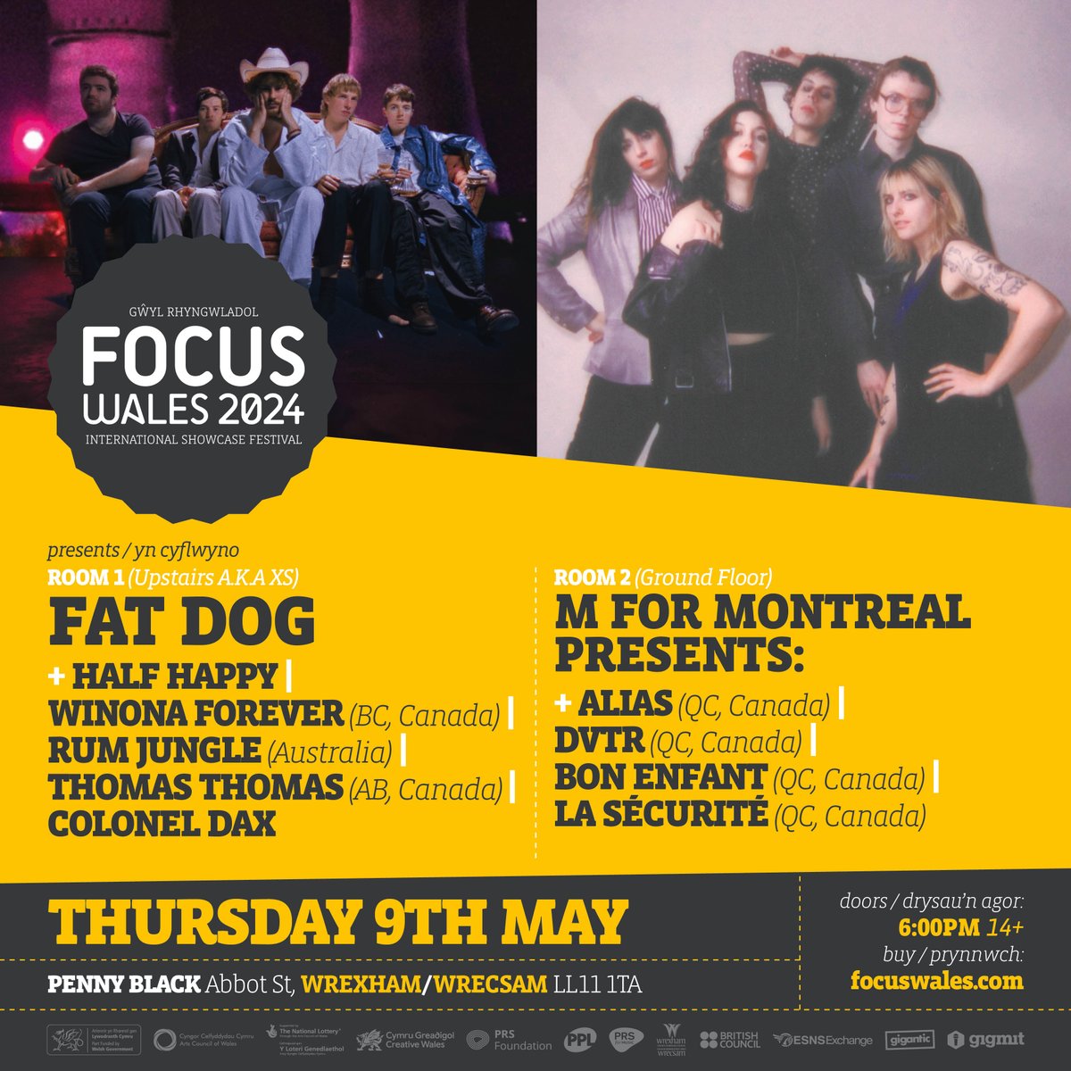 FocusWales's tweet photo. 🎪 @fatdog_fatdog + @mformontreal presents + more at FOCUS Wales 2024 🎪+ @wearehalfhappy | #WinonaForever | @rumjungleband | #ThomasThomas | @dax_colonel | #Aliastheband | #DVTR | #BonEnfant | #LaSécurité @MothlandSounds 🎉 MAI 9 MAY #WREXHAM 🎫 https://t.co/hYRWXCDGyD https://t.co/CRcMaqKTVu