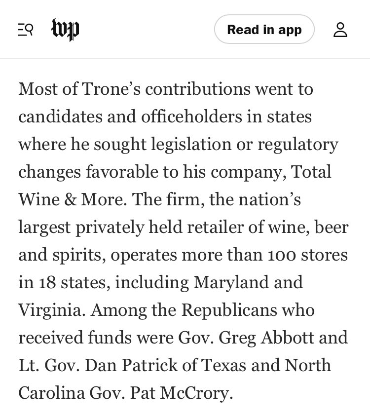 Maryland DEMOCRATIC Sen. candidate David Trone has given tens of thousands of $$ to Ariz Gov Doug Ducey, Tex Gov Greg Abbott & other right wingers eliminating abortion access. Trone cares only about his multi-billion dollar liquor business. #DropOutTrone #AlsobrooksForSenate