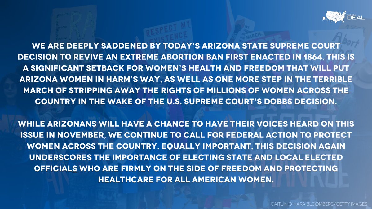 The Arizona Supreme Court decision is one more step in the terrible march of stripping away the rights of millions of women across the country. Read the statement from NewDEAL CEO @debbiecoxbultan 👇