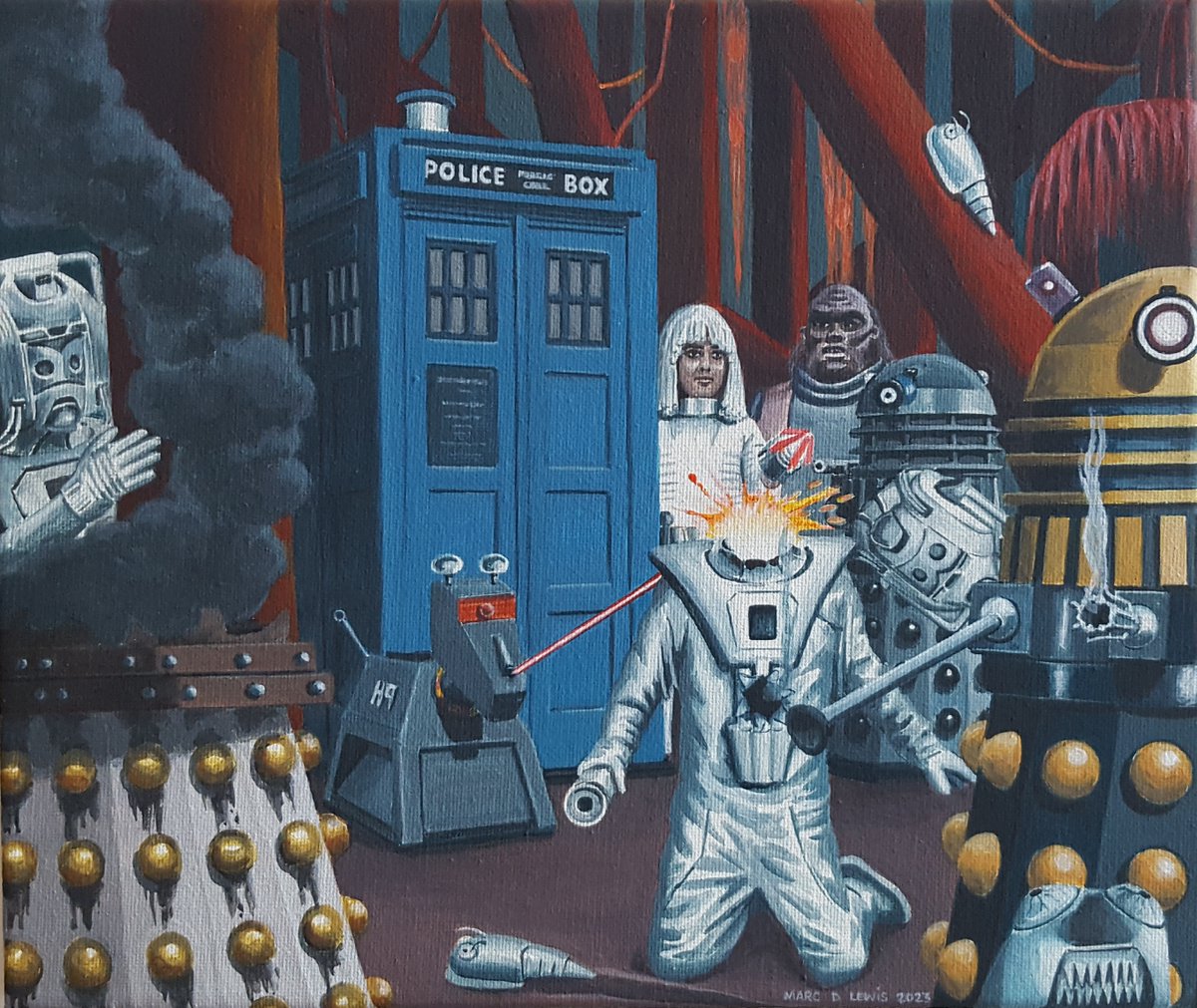 K9 re-enacts his favourite scene from The Five Doctors 🤖 marcdlewisart.etsy.com #DoctorWho #DrWho #DoctorWhoFanArt #TARDIS #K9 #Daleks #Cybermen #CanvasArt #painting #illustration #art