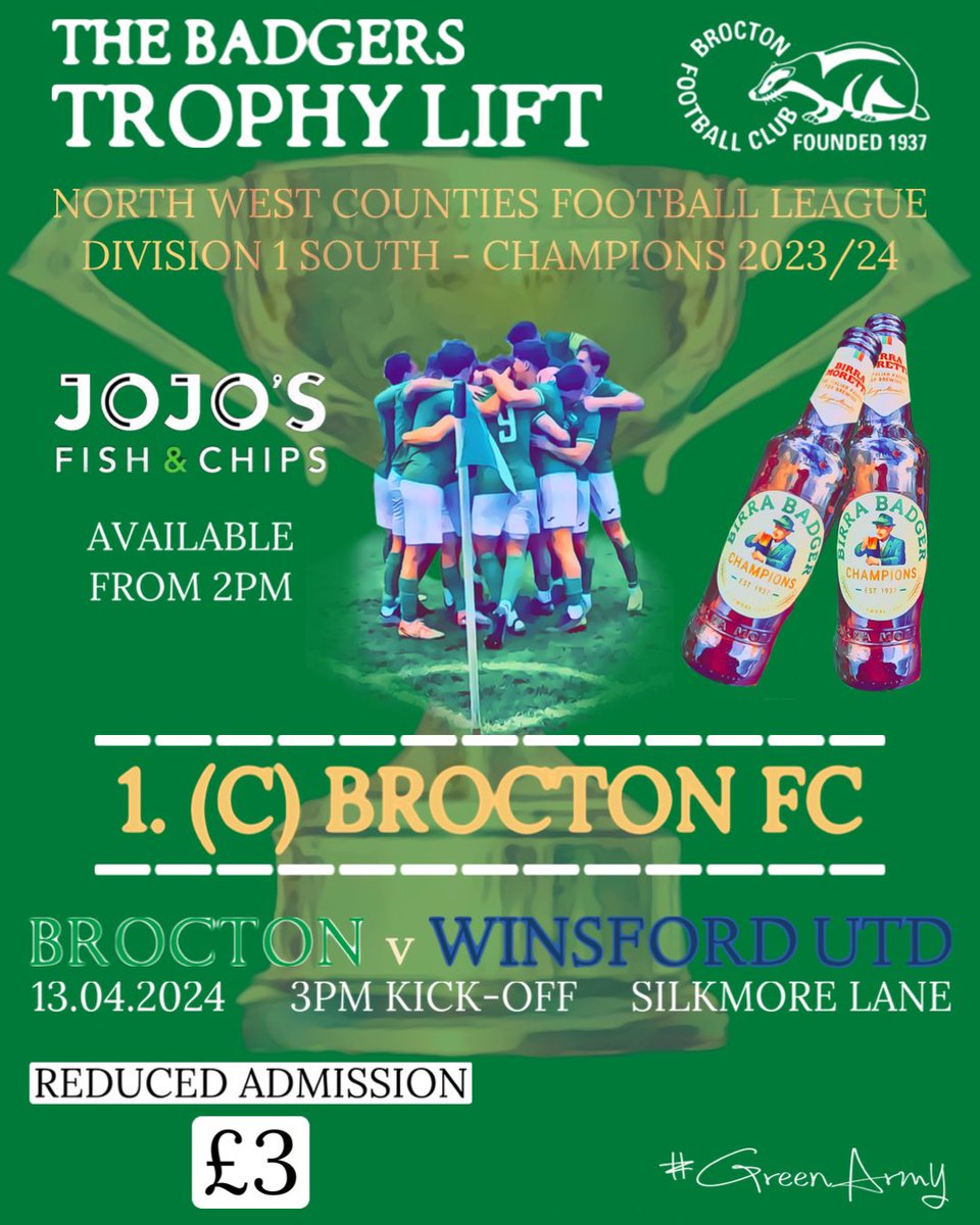 See us lift the NWCFL Division 1 South Trophy as we host <a href="/WinsfordUnited/">Winsford United</a> at Silkmore Lane on Saturday.

JOJO’S Fish &amp; Chips will be available from 2PM &amp; Admission is only £3, so get down and support the lads for one last time as they celebrate a historic season.

#GreenArmy 🦡