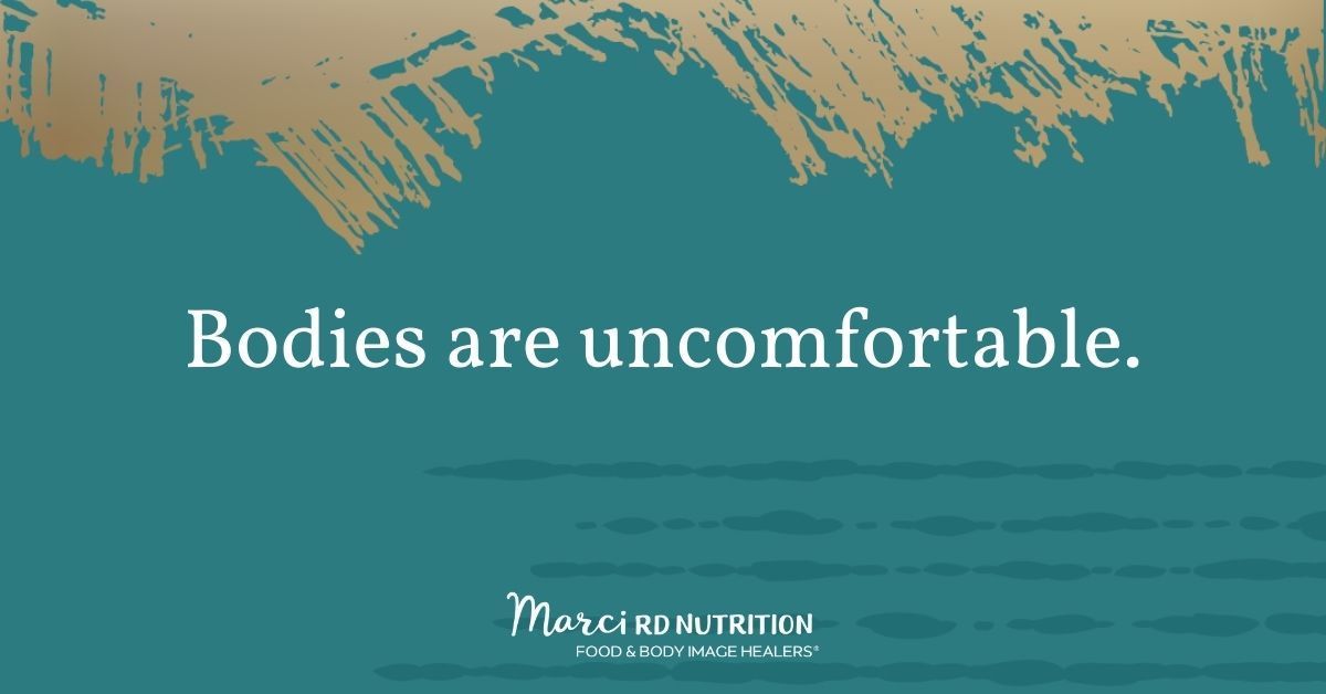 Bodies are inherently uncomfortable. The idea that “positive body image” means we feel positively toward our bodies all the time is unhelpful and untrue. 

#allbodiesaregoodbodies #bodyimage #recovery #eatingdisorders #HAES