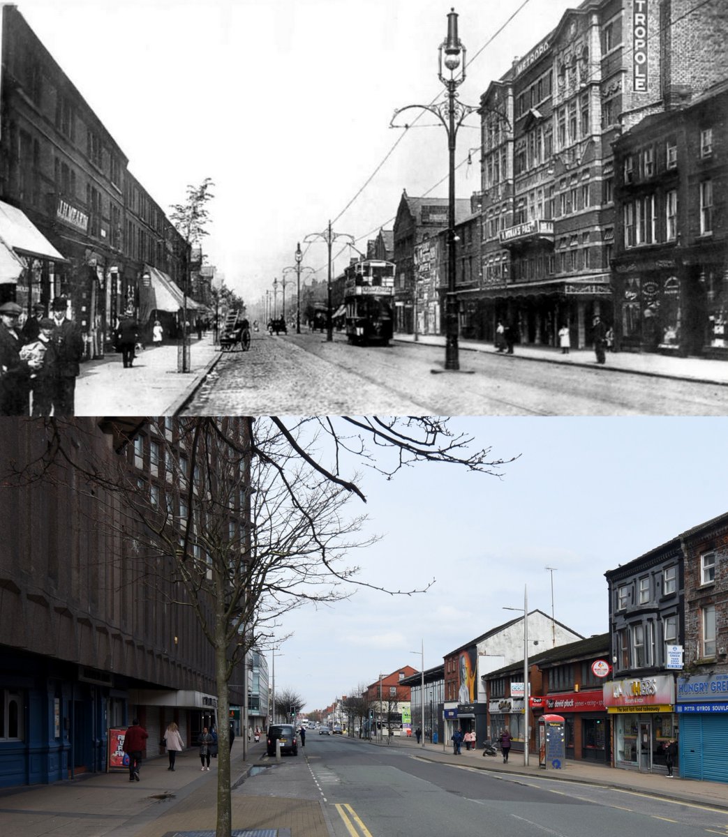 Stanley Road, Bootle, 1910s and 2024 With The Metropole on the right, built as a theatre in 1911, reopened as a cinema in 1931 and destroyed in the May blitz of 1941