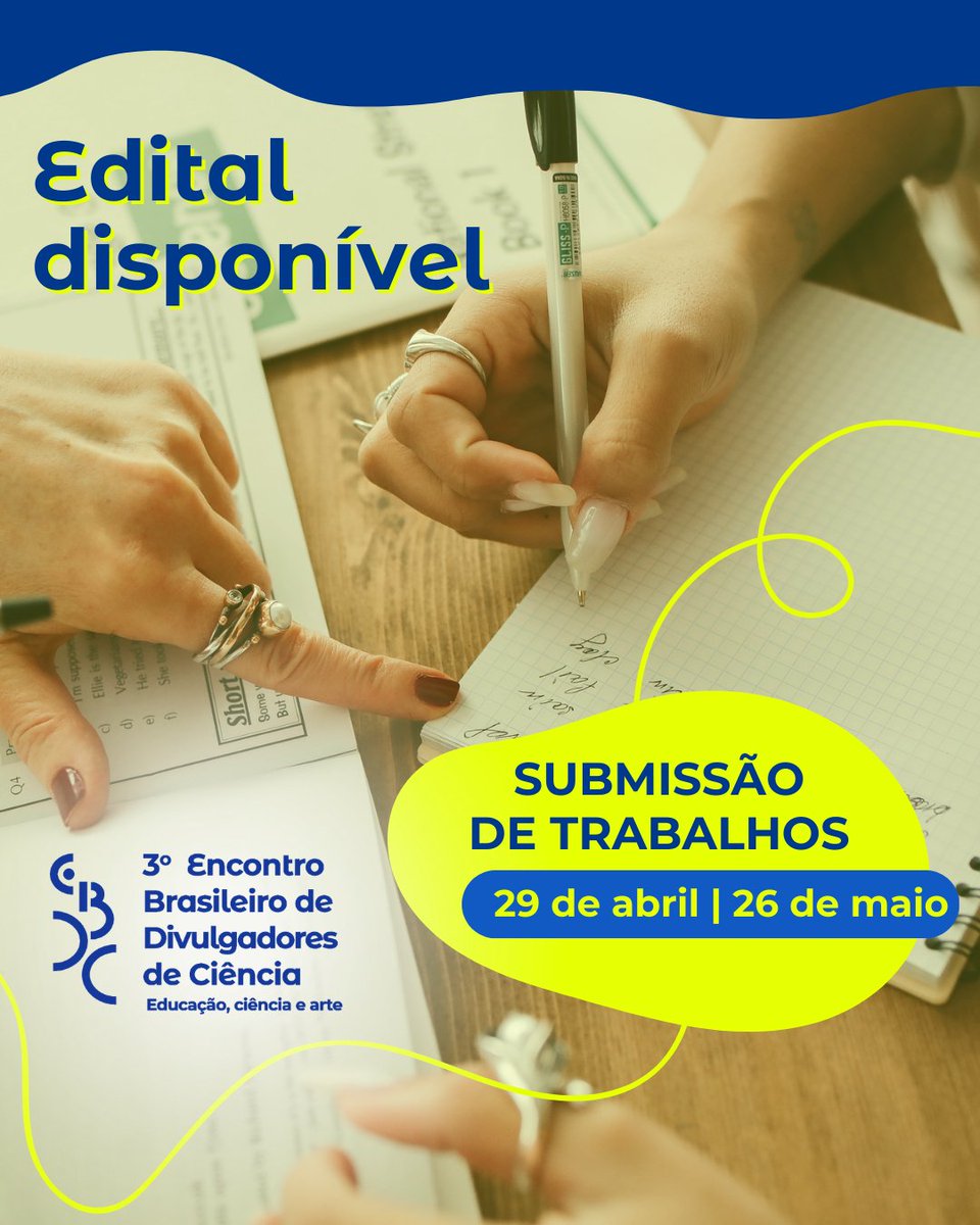 Submissão de trabalhos para o 3⁠º  EBDC começam no dia 29 de abril

O tema desta edição, que acontece de 15 a 17 de novembro, é Educação, Ciência e Arte na divulgação científica