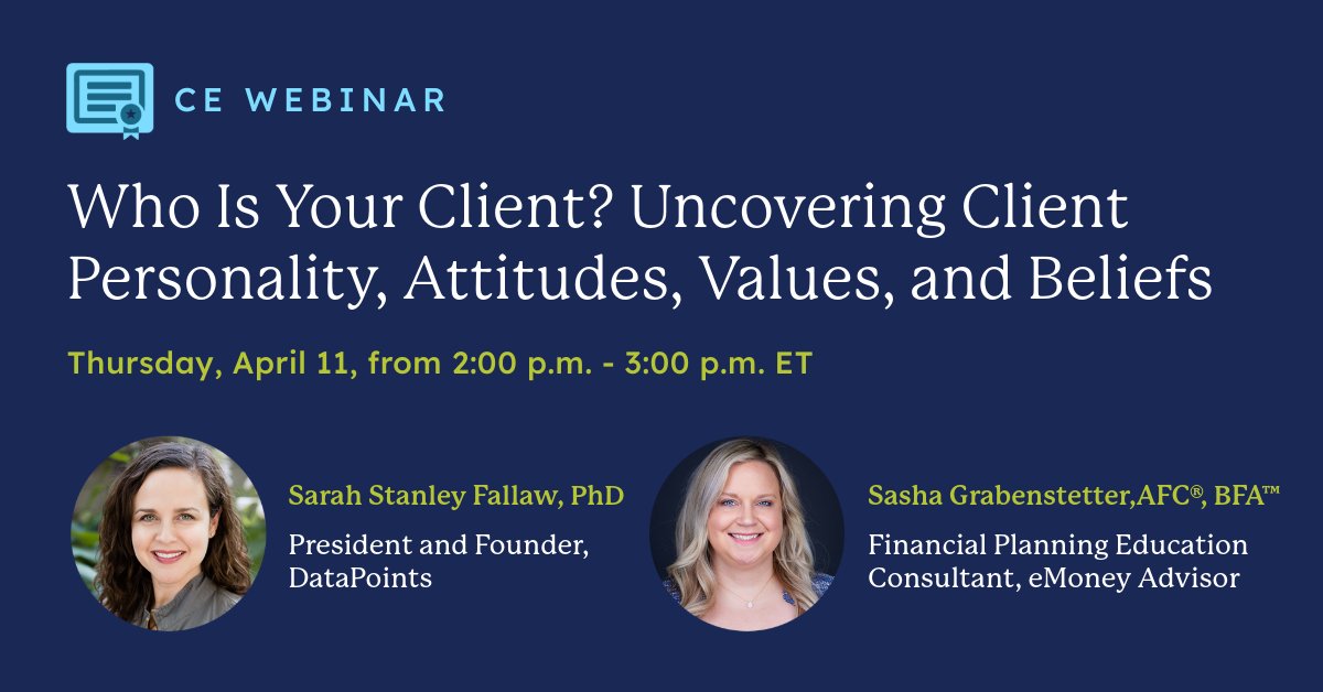 📅 Learn how your clients' personalities affect their financial decisions. 

👇🏽 RSVP here and reserve your space to take advantage of this insightful session.

bit.ly/4a8jKJv 

<a href="/sarahfallaw/">Sarah Stanley Fallaw</a> 
#eMoneyAdvisor #financialplanning #webinar