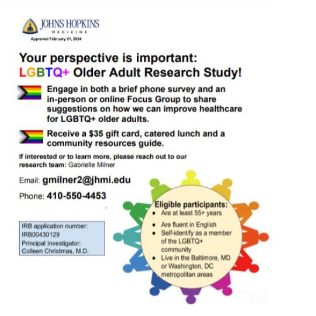 Johns Hopkins wants to hear from you! Recruiting Maryland and Washington DC metro LGBTQ+ adults ages 55+