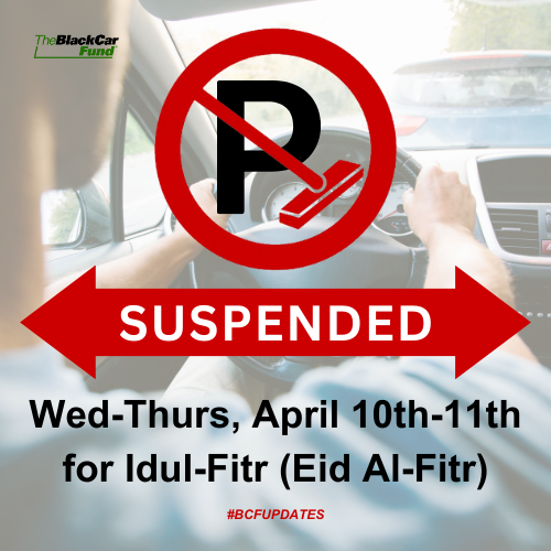 Alternate Side Parking rules will be suspended from Wednesday to Thursday (4/10 - 4/11) in observance of Idul-Fitr (Eid Al-Fitr). Parking Meters will remain in effect! 

#ASPSuspended #AlternateSideParking #NYCASP #TheBlackCarFund #NYBCF #WeveGotYouCovered #NYS #NYC