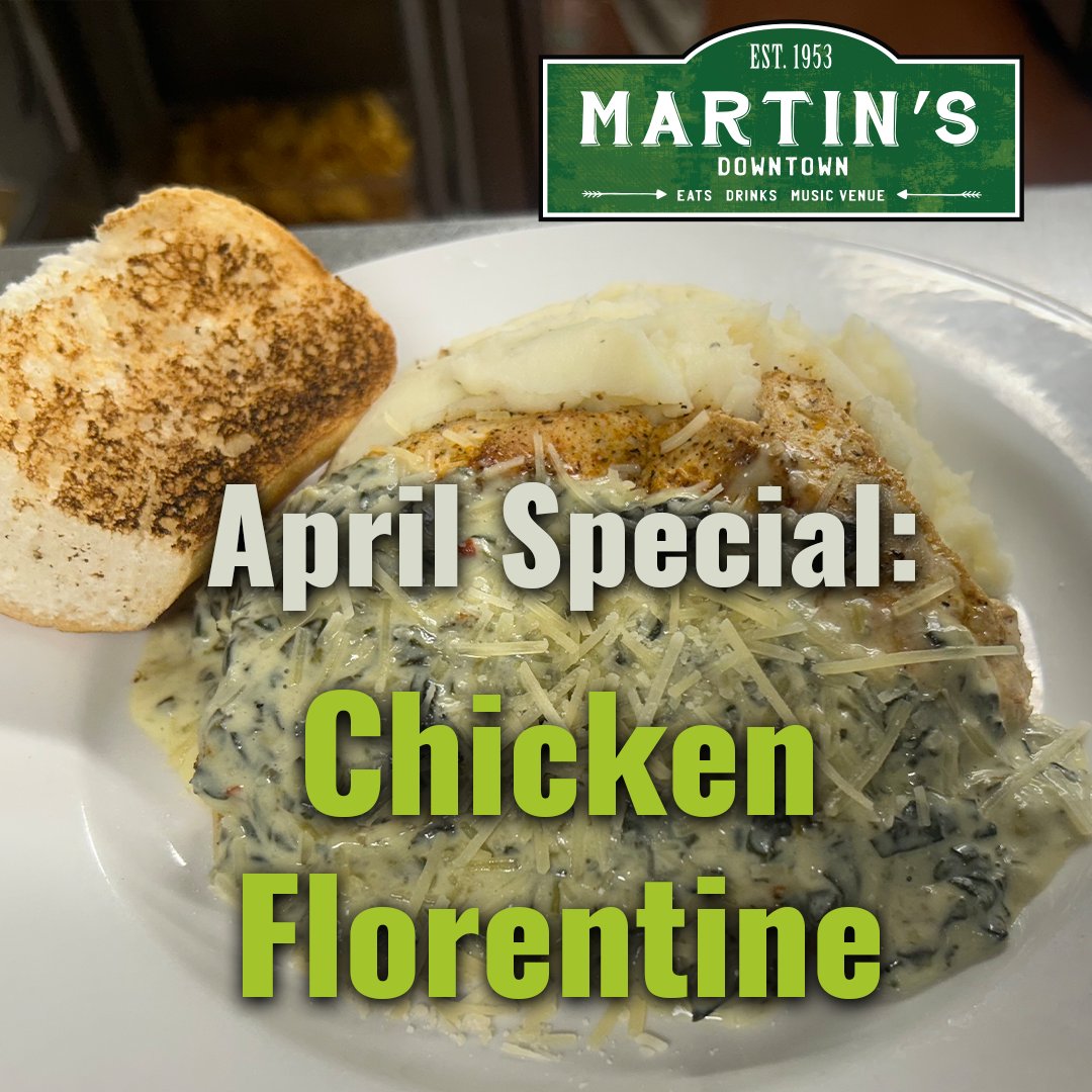 April Specials have arrived! Chicken Florentine - tender pan-fried chicken coated in a light and creamy white sauce served over a warm bed of mashed potatoes. It’s undeniably delicious! #MartinsSpecials #ChickenFlorentine #ComeHungry