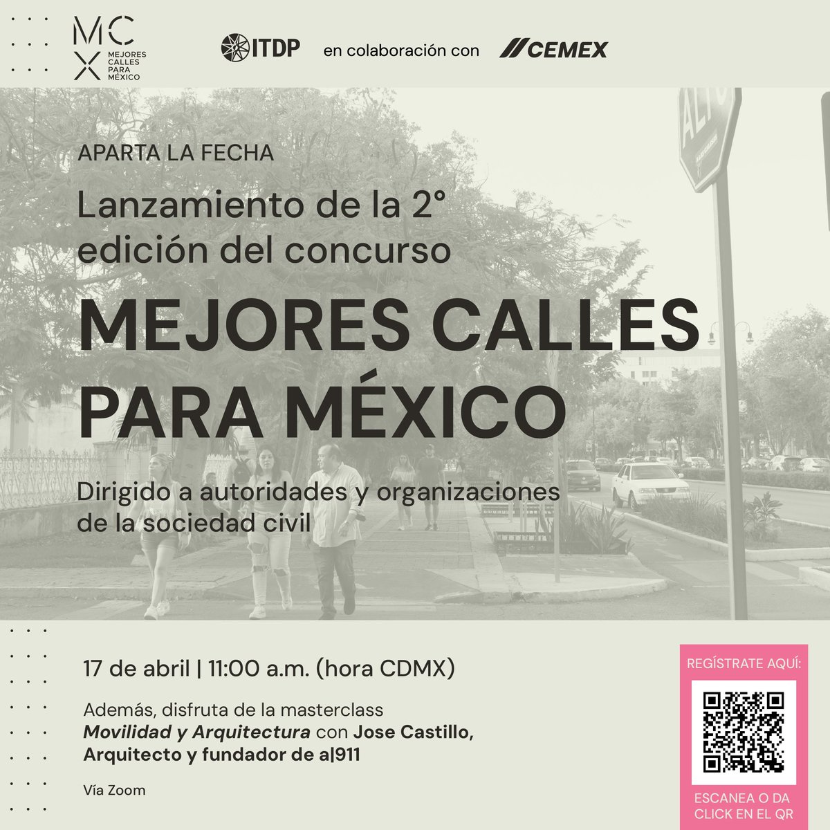 🔔 ¡Ya está aquí la 2da edición del Concurso #MCXM! 🙌🏻 Este 🗓️ 17 de abril únete al lanzamiento de Mejores Calles para México dirigido a autoridades y personas de la sociedad civil.

Más #CallesCompletas, mejores espacios 🙌🏽
➡️ Regístrate aquí shorturl.at/EHS89