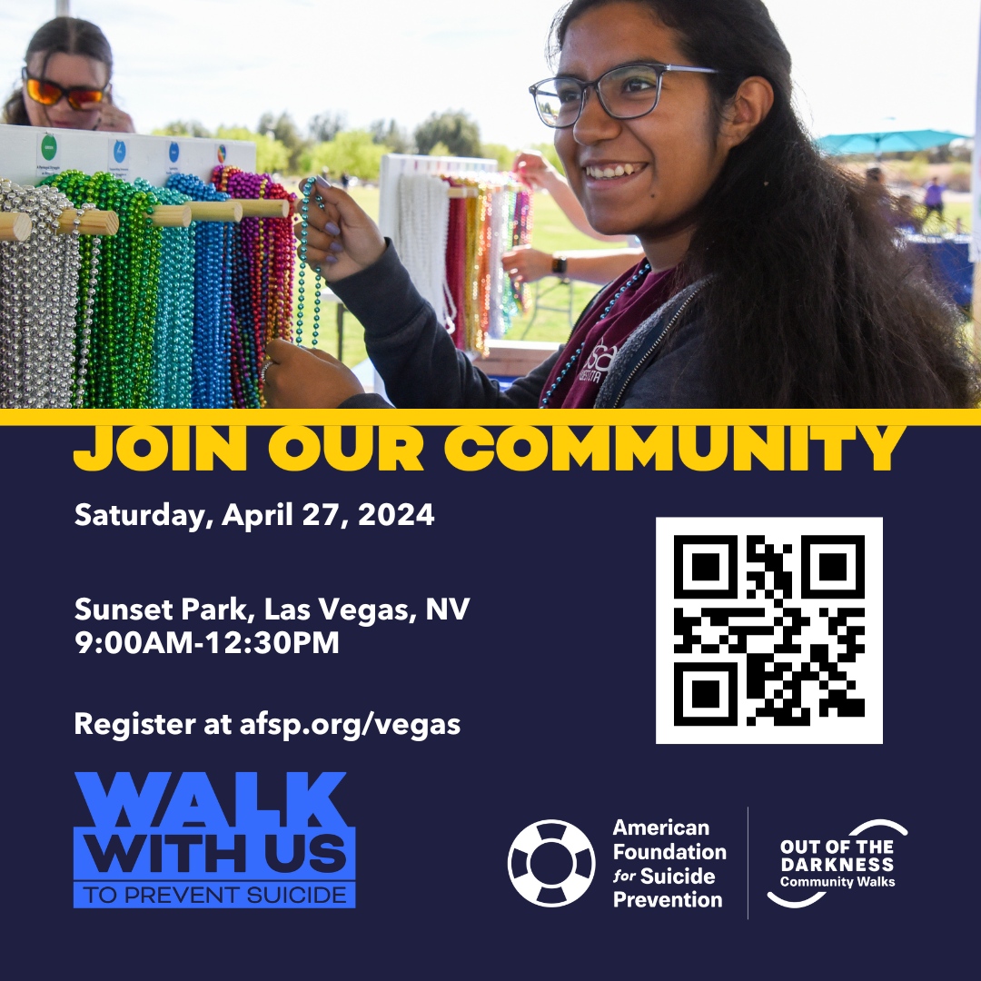 We are excited to join @afspnevada for their annual Out of The Darkness walk on April 27, 2024, at the Sunset park. We will be attending as a community partner, alongside 30 other organizations, sharing resources and supporting suicide prevention. Register to walk, join our te...