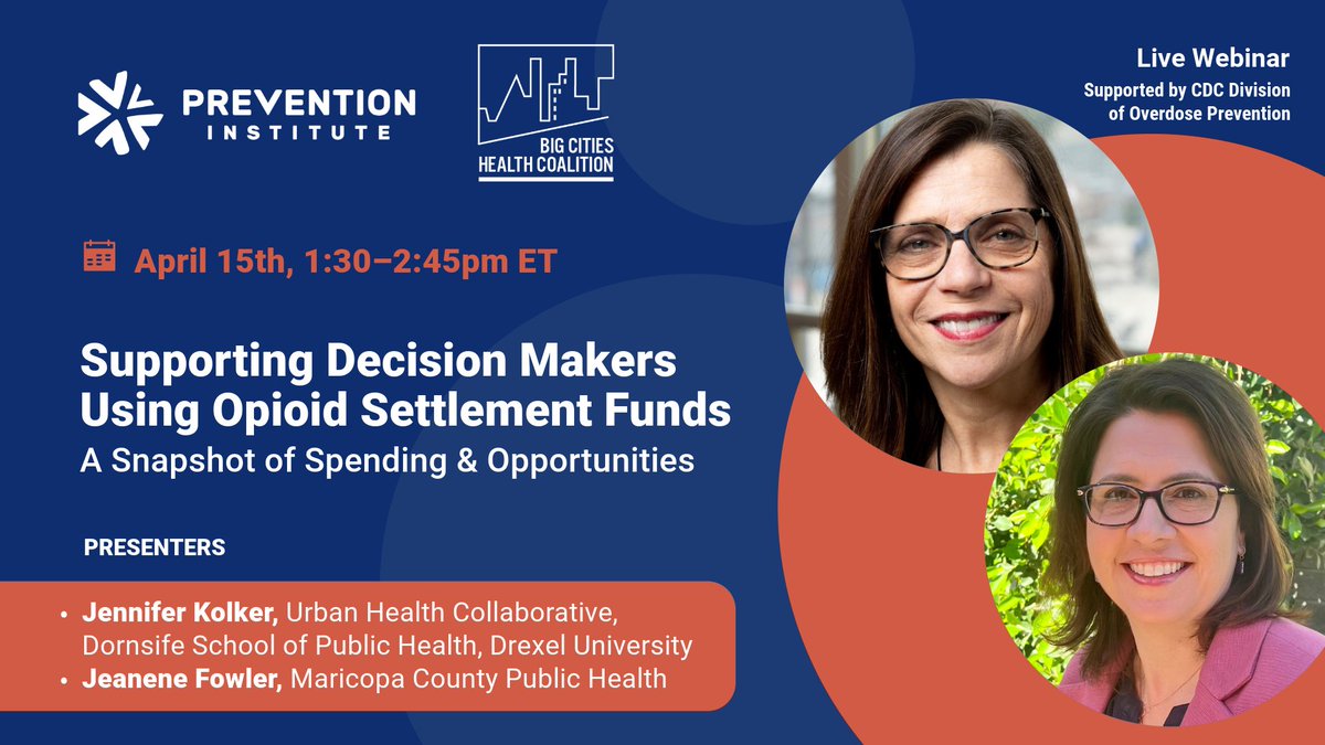 📆 How can opioid settlement funds support #PublicHealth solutions to #OverdosePrevention? Join us & @bigcitieshealth for a webinar supported by the CDC Division of Overdose Prevention, featuring speakers from @DrexelUHC & @Maricopahealth. us06web.zoom.us/webinar/regist…