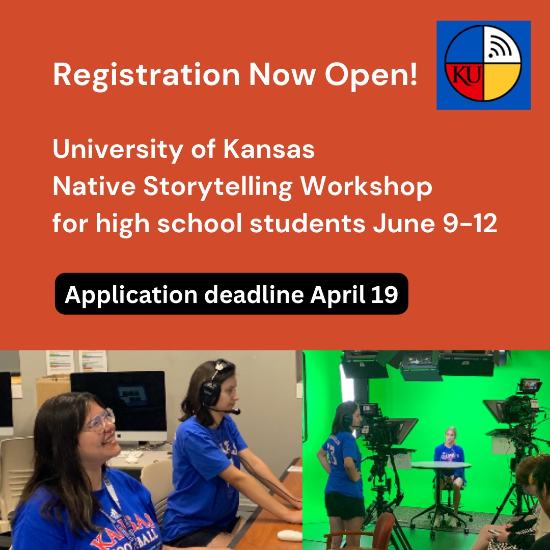 📢 Calling all high school students! Registration is now open for the University of Kansas Native Storytelling Workshop, June 9-12 in Lawrence, Kan. Explore journalism, storytelling, & community impact. @KUJournalism 🎙️📝Apply by 4/19 - tinyurl.com/yrn8z5t6