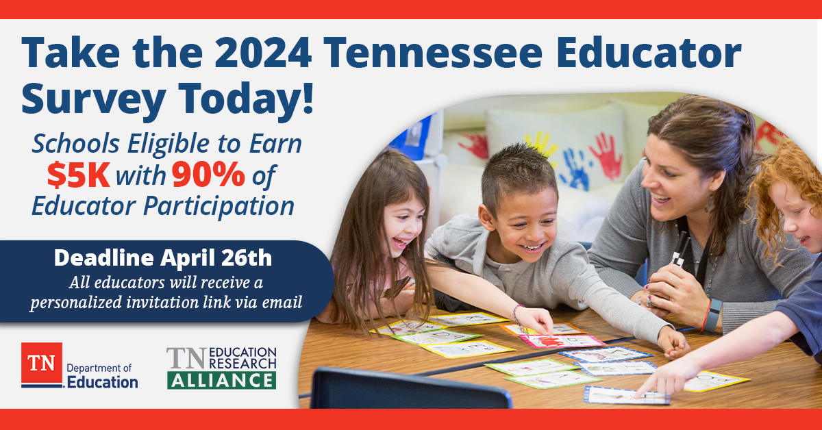 TN EDUCATORS: The 2024 Tennessee Educator Survey is open until April 26th! Take the survey today to share your valuable perspectives and expertise on education issues affecting your classrooms and schools. #TNEdSurvey