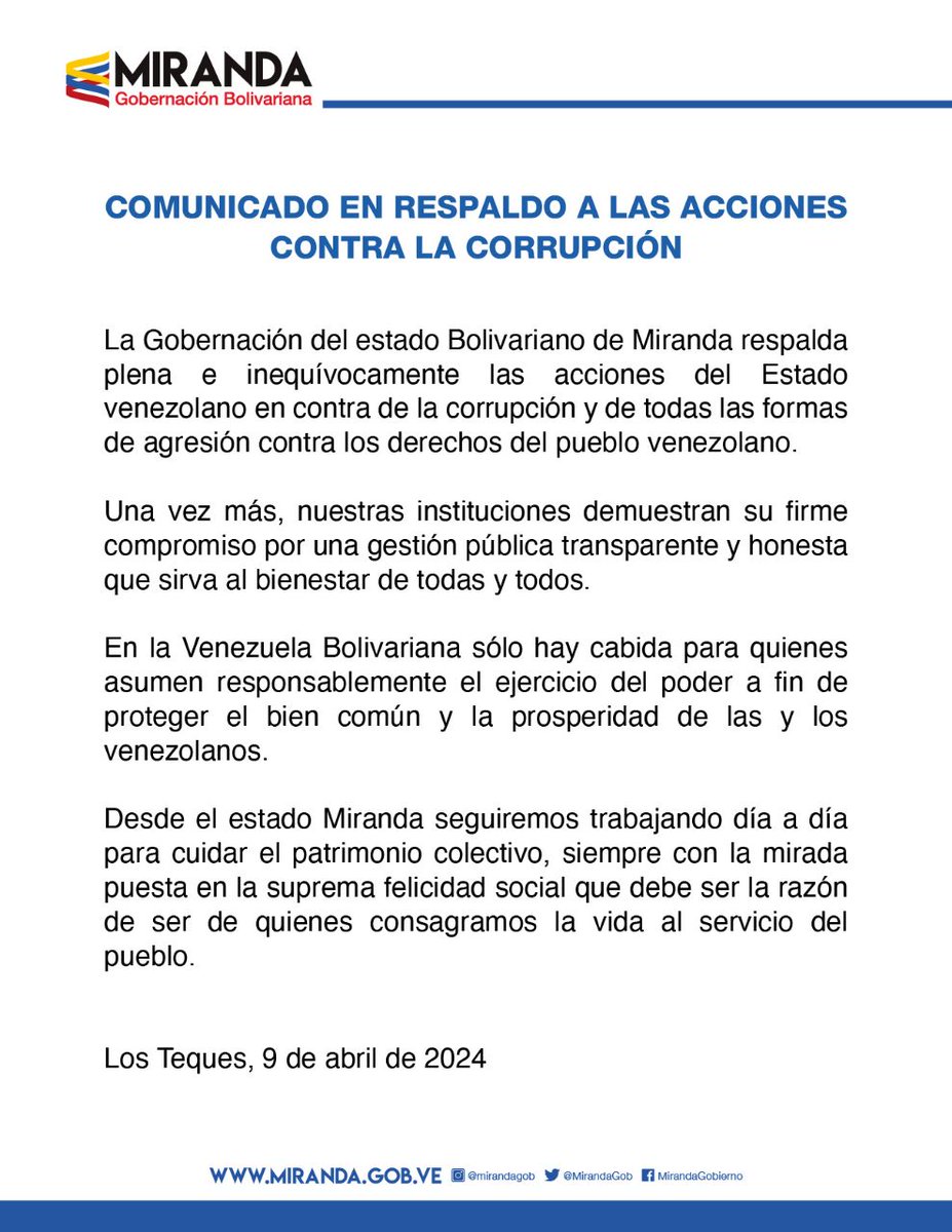 🔵 COMUNICADO 🔵 La Gobernación Bolivariana de Miranda respalda plena e inequívocamente las acciones del Estado venezolano en contra de la corrupción. #Miranda #9Abr @NicolasMaduro @HectoRodriguez