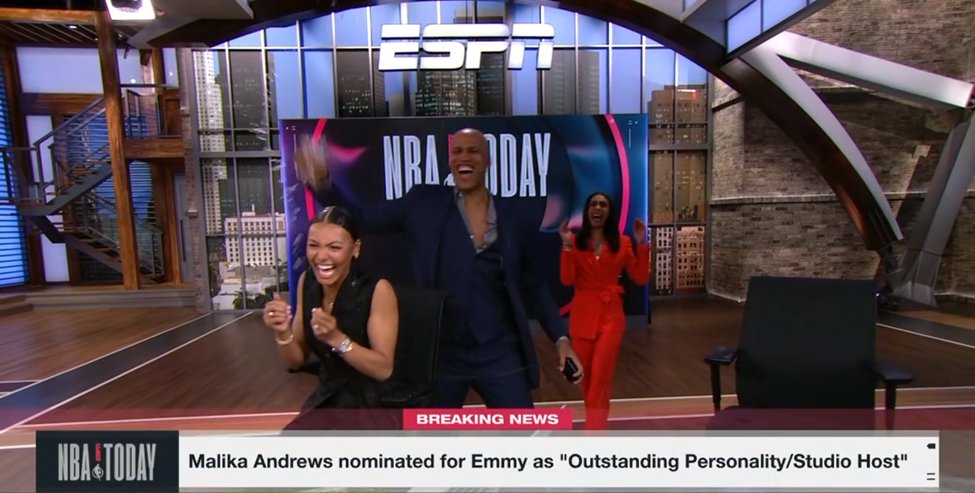 What an awesome moment just now on #NBAToday @malika_andrews earned a nomination today for a Sports Emmy award in the Outstanding Personality/Studio Host category. Sister @kendra__andrews broke the news and @Rjeff24 showered Malika w/ water on set. Congrats to Malika.