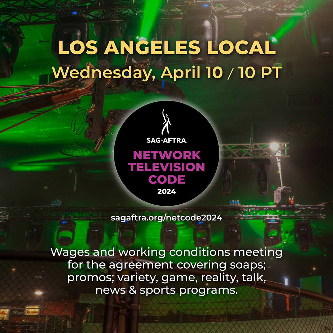 Los Angeles Local #SagAftraMembers, don't forget! TOMORROW, we're continuing our discussion on key topics within the Network Television Code. Your participation is essential.

🌴: Wednesday, April 10
🕛: 10 PT
🔗More info / RSVP: sagaftra.org/netcode2024