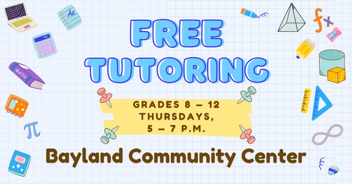 📚 Don't miss out! Bayland Community Center offers free tutoring every Thursday from 5-8 PM for grades 8-12. Enhance your academic skills and excel with our supportive team! #FreeTutoring #BaylandCommunityCenter #EducationMatters