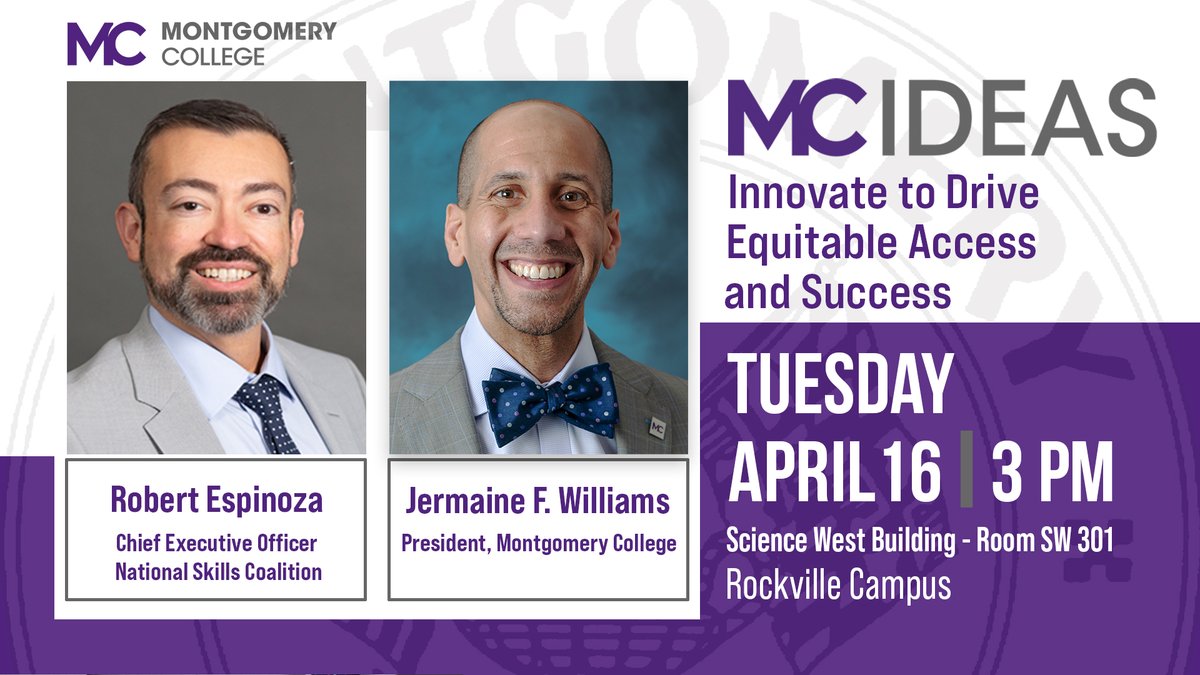 #MontgomeryCollege President @DrWilliams_MC speaks with @EspinozaNotes, the chief executive officer of the @SkillsCoalition, about the intersection of economic mobility and equality with the College’s Transformational Aspirations. Join us for this discussion.