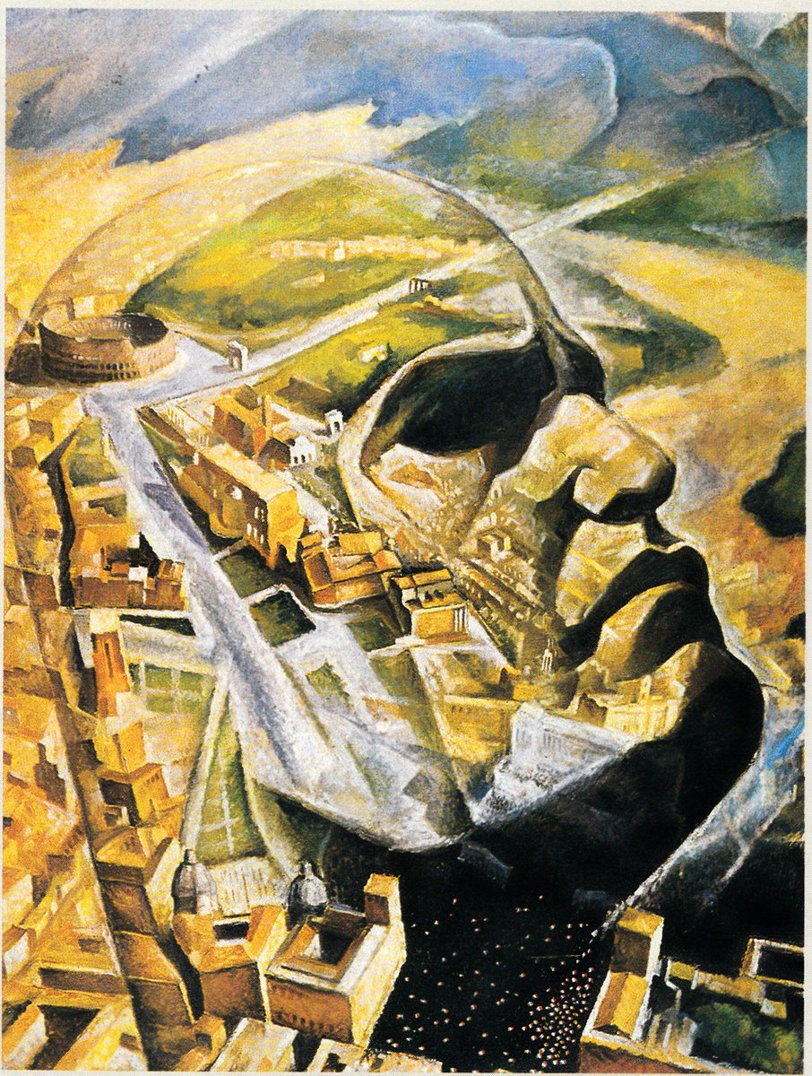 Italian Futurist painting (ca. 1930) showing Mussolini's portrait appearing in an aerial view of central Rome, with the Colosseum, Forum and Victor Emmanuel Monument visible. Artist: Alfredo Ambrosi.