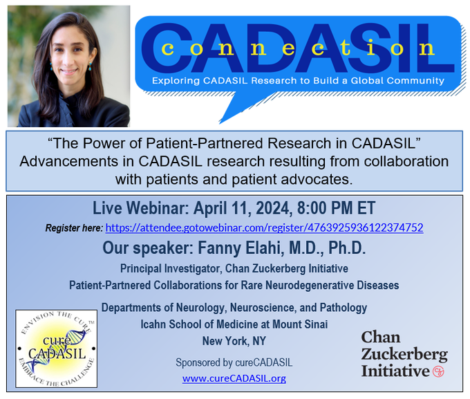 Hi! I hope everyone who can, WILL join the cureCADASIL webinar on Thursday evening to watch Dr Fanny Elahi. Let's show our respect and support for this truly amazing person &amp; her dedicated team!!!! 
register.gotowebinar.com/register/47639…?
#cureCADASIL #thinkCADASIL  #raredisease #CADASIL