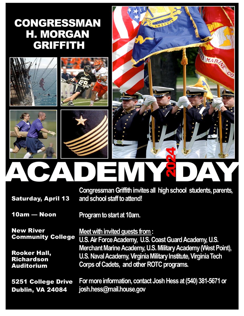 On Saturday, April 13, I will be hosting the 2024 Service Academy Day in Dublin at the New River Community College. High school students, parents, and educators are invited to learn about the Service Academies, ROTC, and other programs.