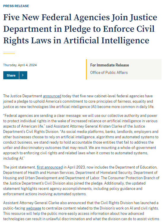 In partnership with our Federal agency counterparts, we are excited to share a joint statement & pledge to uphold America’s commitment to core principles of fairness, equality & justice as new technologies like AI become more common. Full statement: bit.ly/3PVVF0u