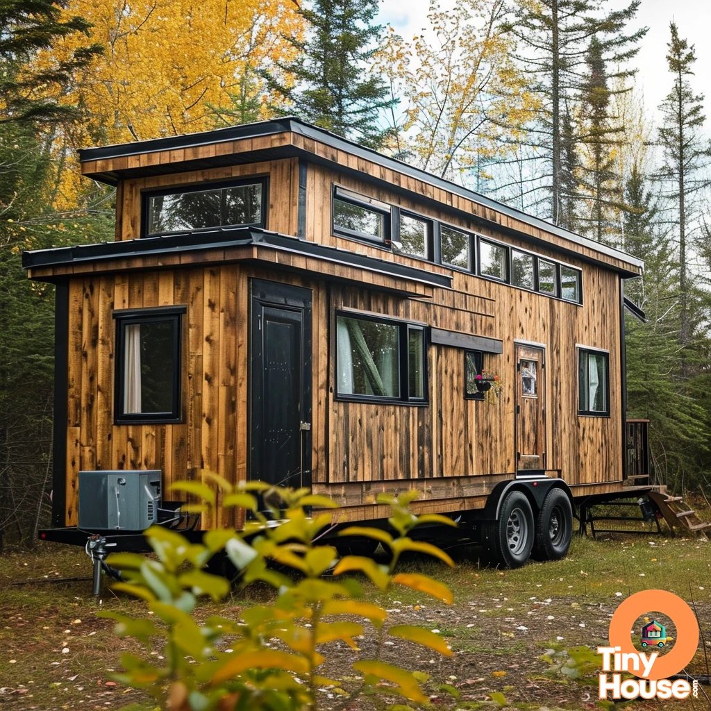 Check out this stunning Chalet Style tiny house on wheels!  The combination of white, black, and natural wood colors gives it a sleek and modern look. What do you think? Comment below with your favorite design elements! #TinyHouse #ChaletStyle #ModernDesign #SmallWonders